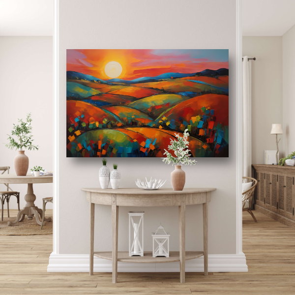 Kleurrijke impressie van een zonsondergang in de natuur poster