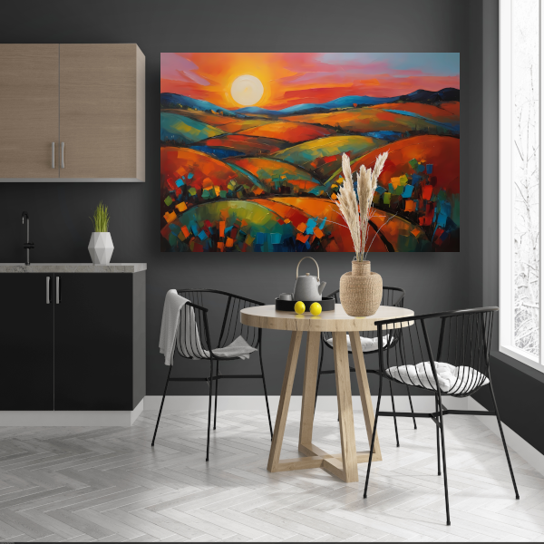 Kleurrijke impressie van een zonsondergang in de natuur poster