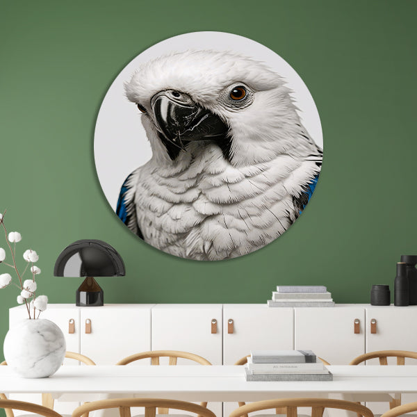 Witte Vogel met Blauwe Accenten Illustratie aluminium muurcirkel
