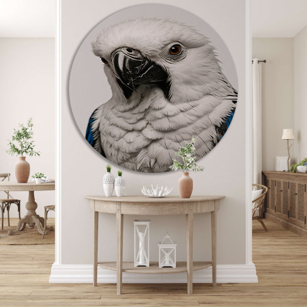 Witte Vogel met Blauwe Accenten Illustratie aluminium muurcirkel