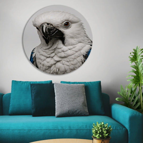 Witte Vogel met Blauwe Accenten Illustratie aluminium muurcirkel