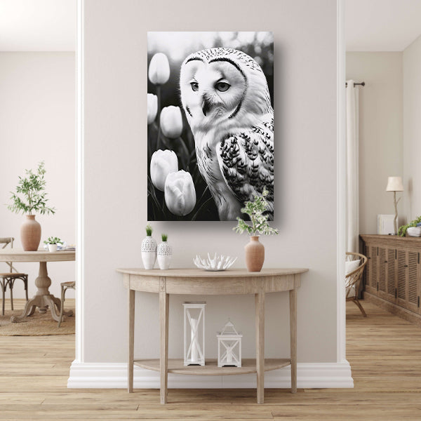 White Owl and Tulips in Monochrome canvas