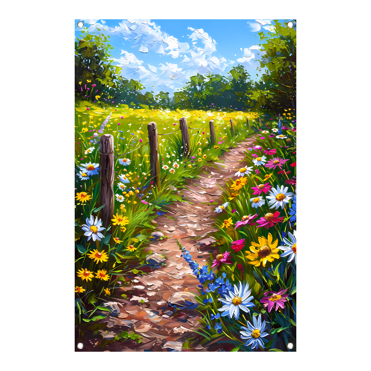 Schilderachtig bloemenpad in kleurrijk landschap tuinposter