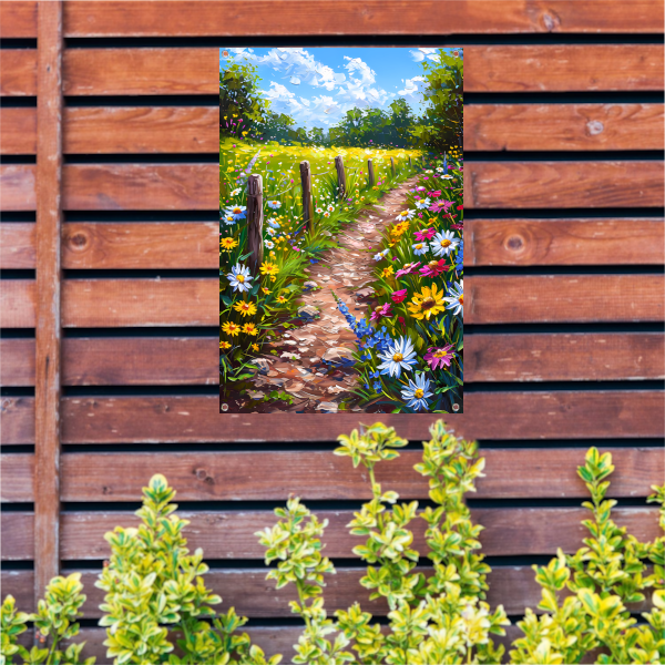 Schilderachtig bloemenpad in kleurrijk landschap tuinposter