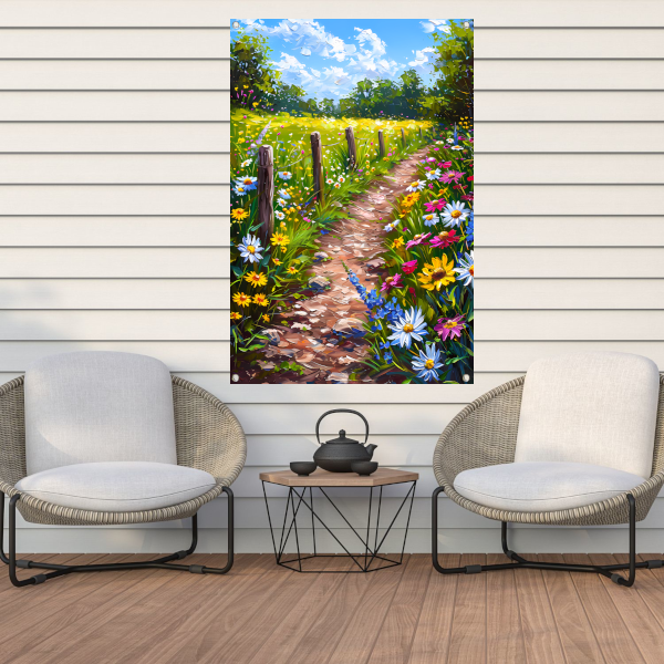 Schilderachtig bloemenpad in kleurrijk landschap tuinposter