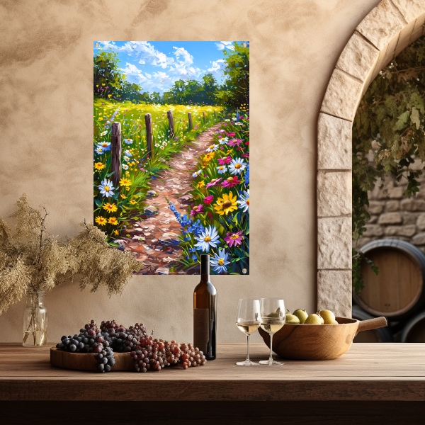 Schilderachtig bloemenpad in kleurrijk landschap tuinposter