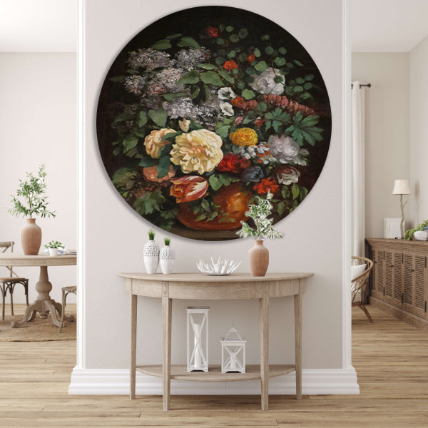 Vaas met seringen, rozen en tulpen - Gustave Courbet aluminium muurcirkel