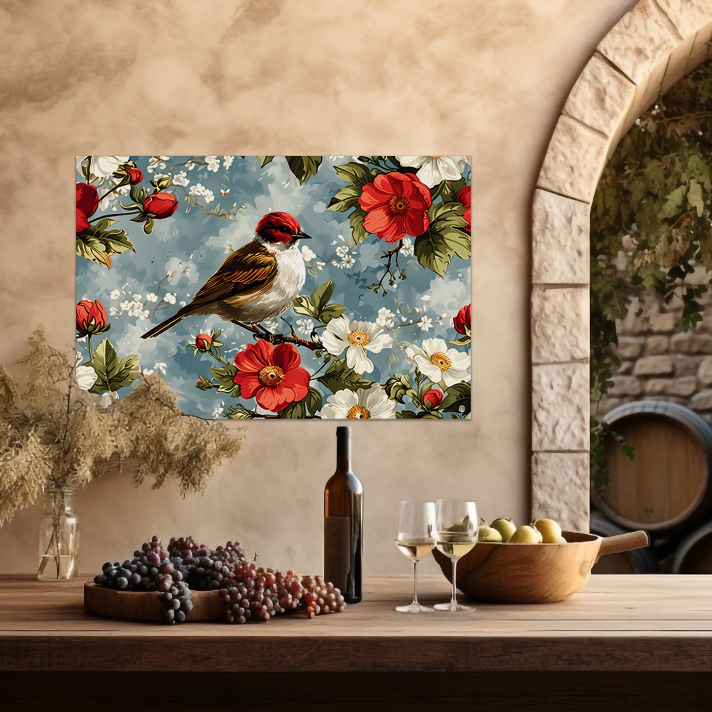 Vogeltje op bloesemtak tuinposter