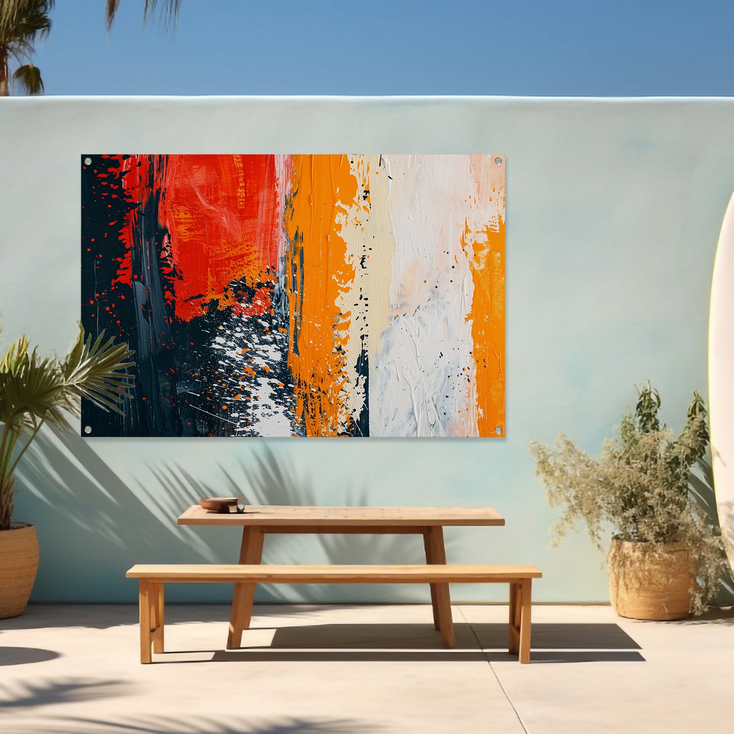 Dynamisch abstract schilderij met expressieve kleuren tuinposter