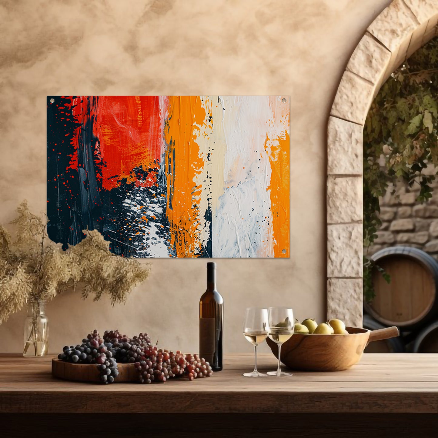 Dynamisch abstract schilderij met expressieve kleuren tuinposter