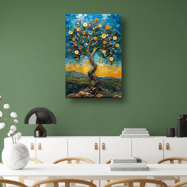 Kleurrijk Mozaïek Boom in Landschap canvas met baklijst