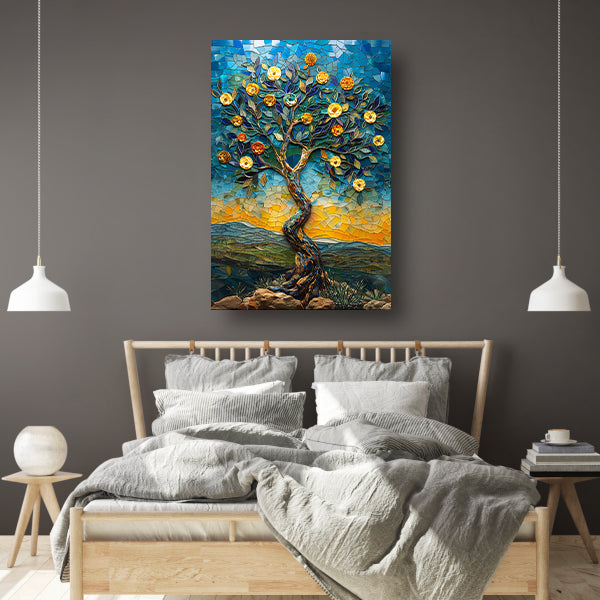 Kleurrijk Mozaïek Boom in Landschap canvas met baklijst