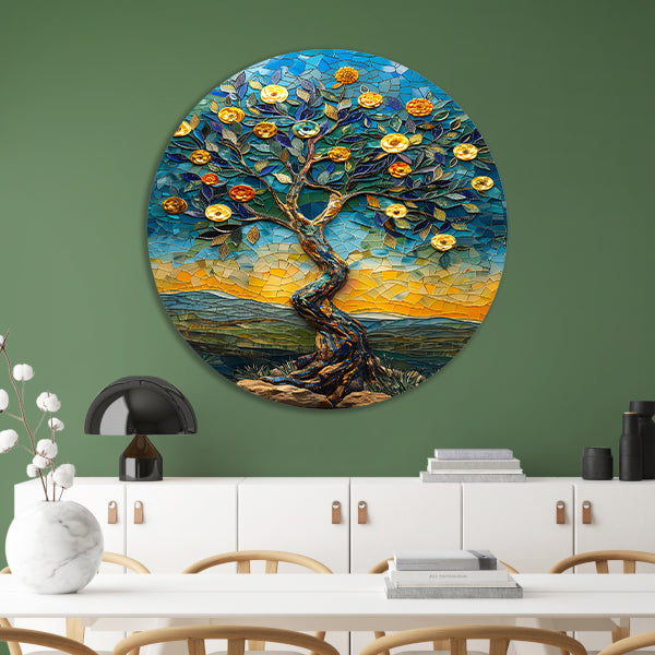 Kleurrijk Mozaïek Boom in Landschap aluminium muurcirkel