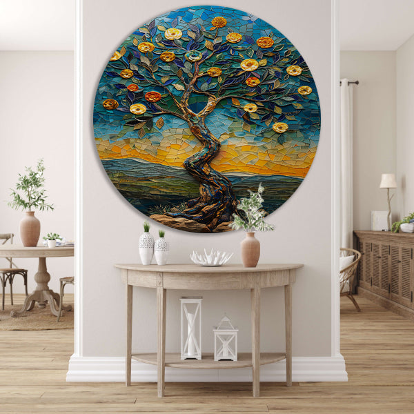 Kleurrijk Mozaïek Boom in Landschap aluminium muurcirkel