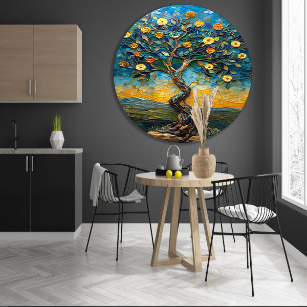 Kleurrijk Mozaïek Boom in Landschap aluminium muurcirkel