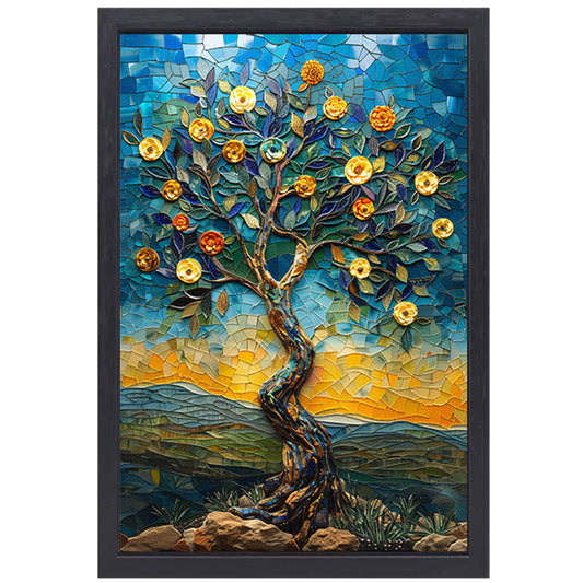 Kleurrijk Mozaïek Boom in Landschap canvas met baklijst