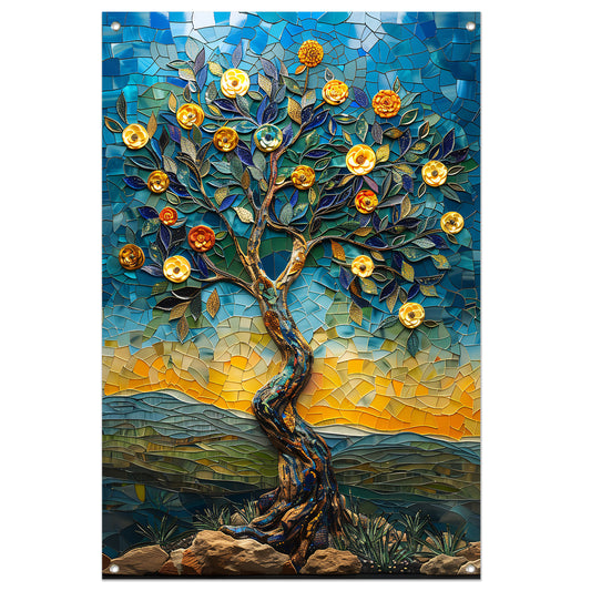Kleurrijk Mozaïek Boom in Landschap tuinposter