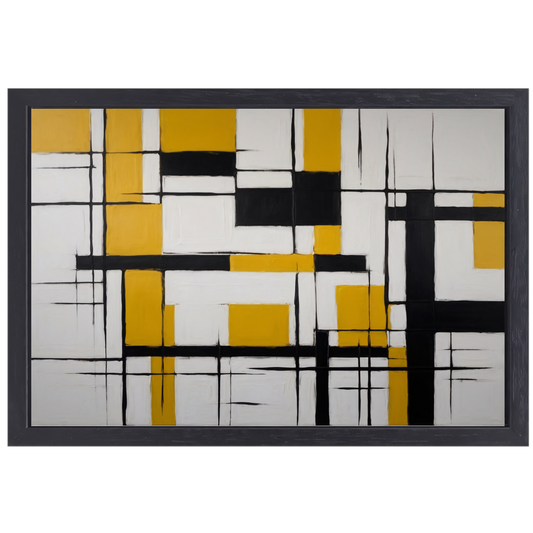 Abstracte Geometrische Balans in Geel en Zwart canvas met baklijst