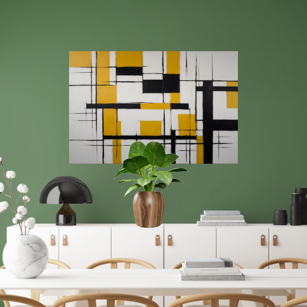 Abstracte Geometrische Balans in Geel en Zwart canvas met baklijst