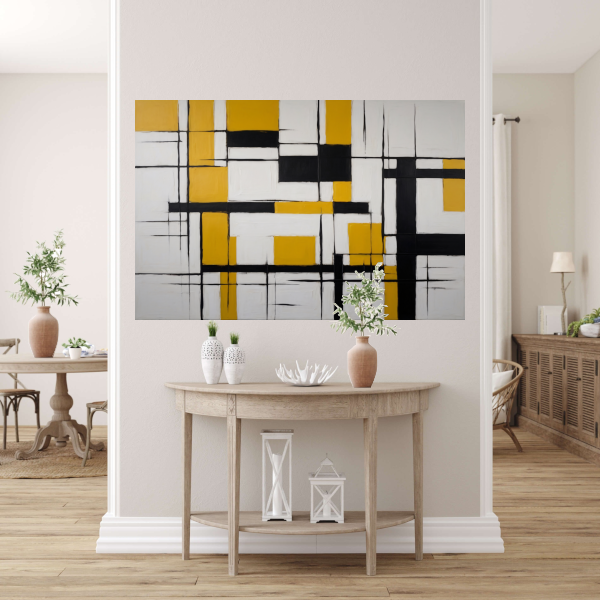 Abstracte Geometrische Balans in Geel en Zwart canvas met baklijst