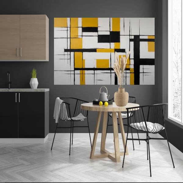 Abstracte Geometrische Balans in Geel en Zwart canvas met baklijst
