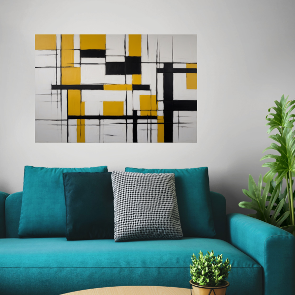 Abstracte Geometrische Balans in Geel en Zwart canvas met baklijst
