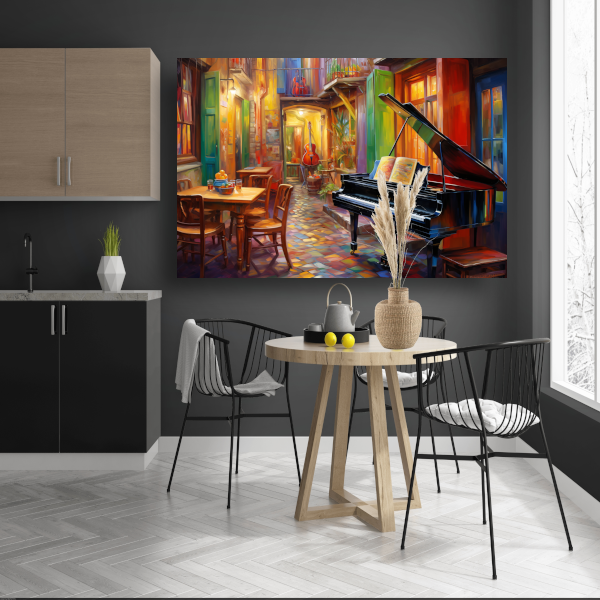 Piano en stoel in minimalistische stijl canvas met baklijst