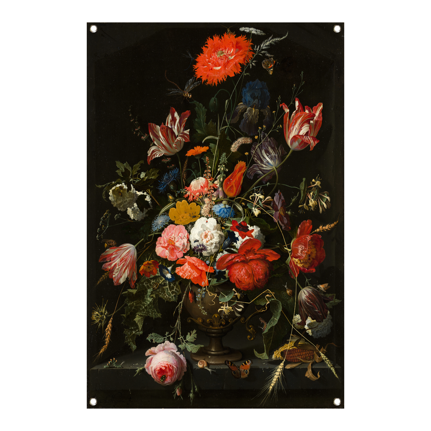 Bloemen in een metalen vaas - Abraham Mignon tuinposter