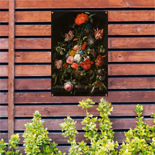 Bloemen in een metalen vaas - Abraham Mignon tuinposter