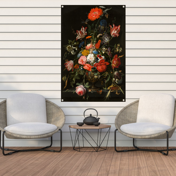 Bloemen in een metalen vaas - Abraham Mignon tuinposter