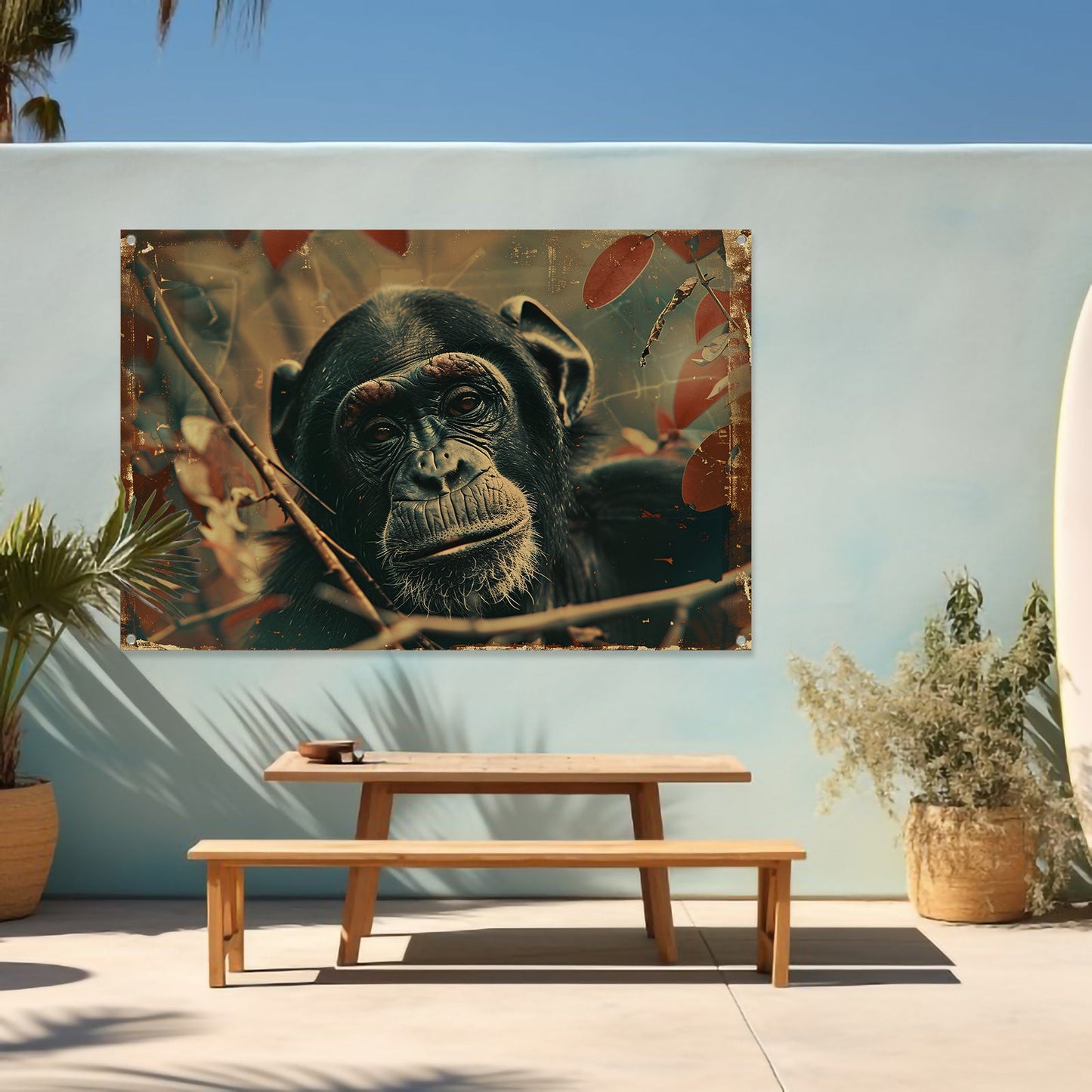 Serene Chimpansee in Sepia Jungle tuinposter