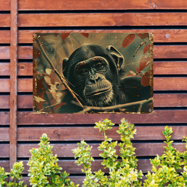 Serene Chimpansee in Sepia Jungle tuinposter