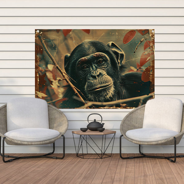 Serene Chimpansee in Sepia Jungle tuinposter