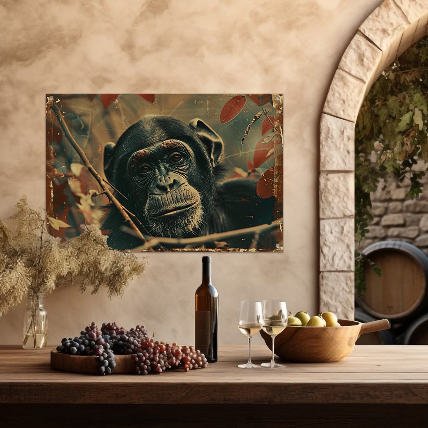Serene Chimpansee in Sepia Jungle tuinposter