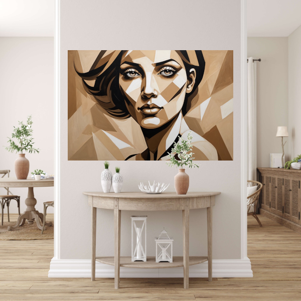 Geometrisch Portret van een Vrouw in Beige canvas met baklijst