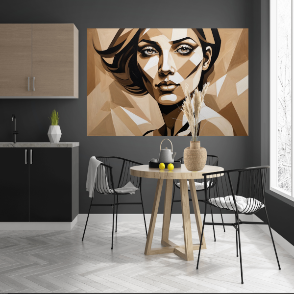 Geometrisch Portret van een Vrouw in Beige canvas met baklijst
