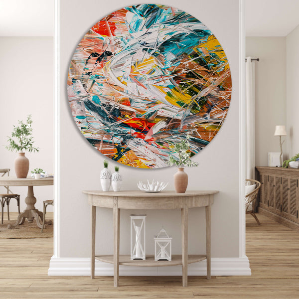 Dynamisch abstract schilderij met kleurrijke lijnen forex muurcirkel
