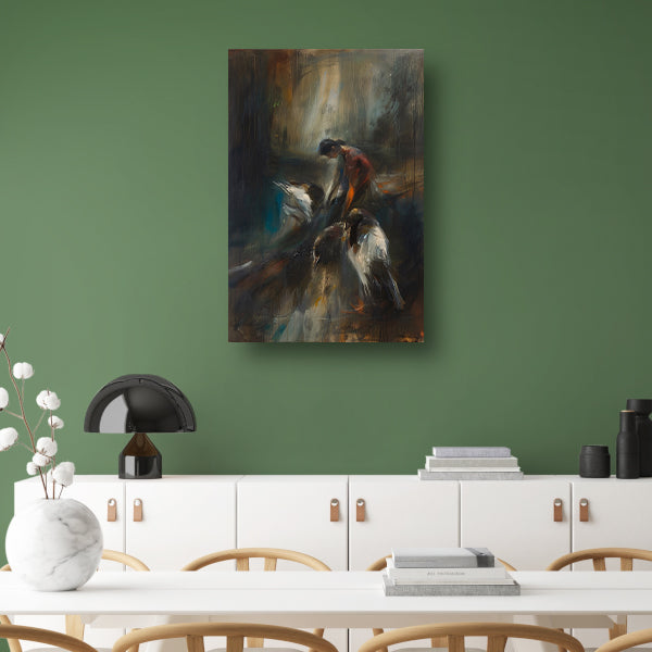 Abstracte voorstelling van vogels en mens poster