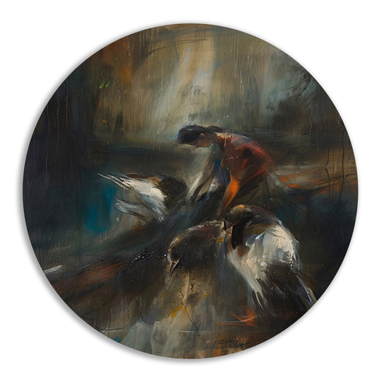 Abstracte voorstelling van vogels en mens aluminium muurcirkel