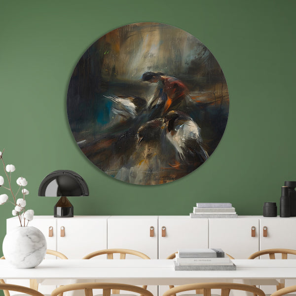 Abstracte voorstelling van vogels en mens aluminium muurcirkel