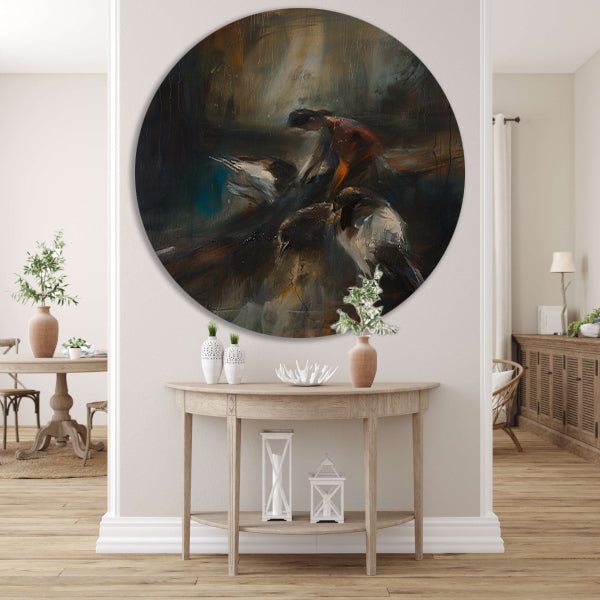 Abstracte voorstelling van vogels en mens aluminium muurcirkel
