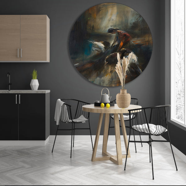 Abstracte voorstelling van vogels en mens aluminium muurcirkel