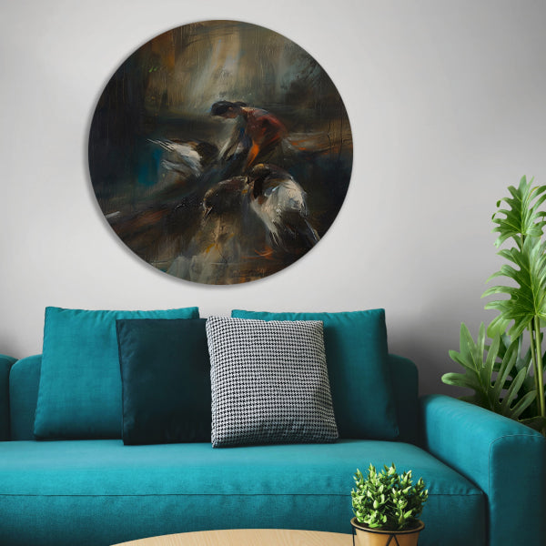 Abstracte voorstelling van vogels en mens aluminium muurcirkel