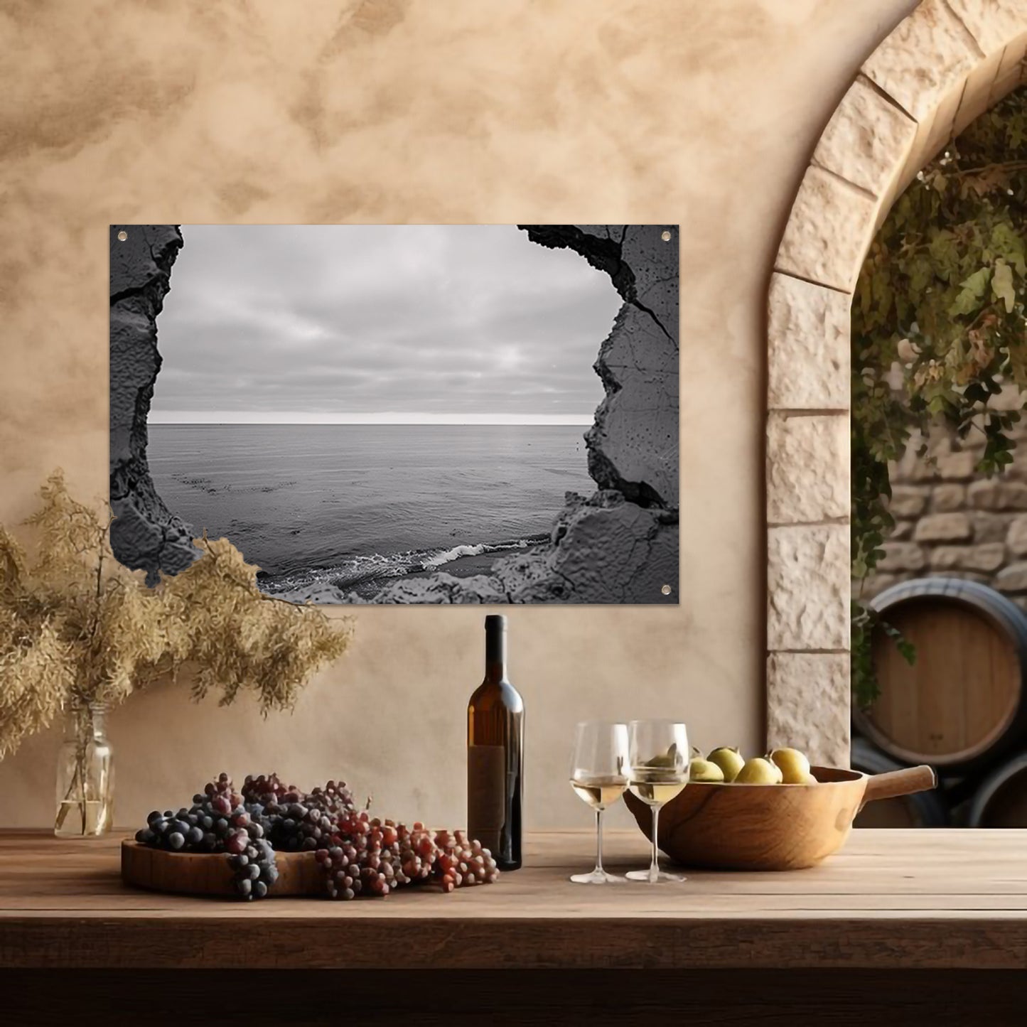 Horizon door een ruwe muuropening tuinposter