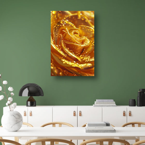 Gouden roos met glinsterende waterdruppels close-up poster