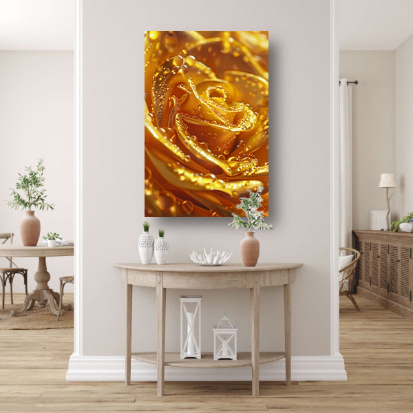 Gouden roos met glinsterende waterdruppels close-up poster