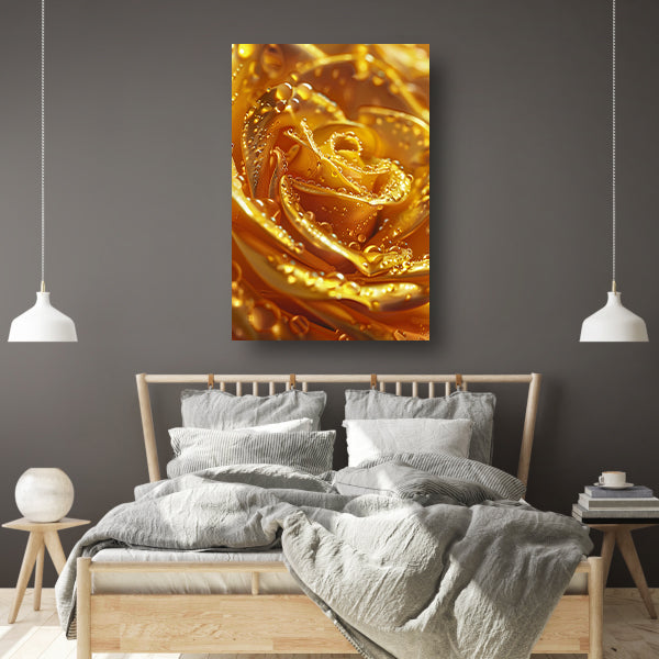 Gouden roos met glinsterende waterdruppels close-up poster