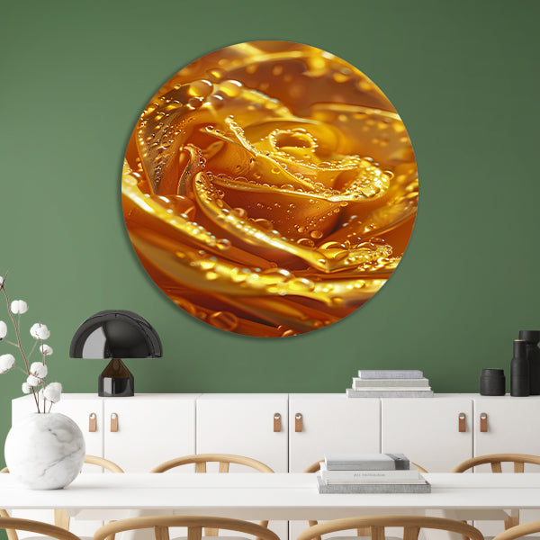 Gouden roos met glinsterende waterdruppels close-up aluminium muurcirkel