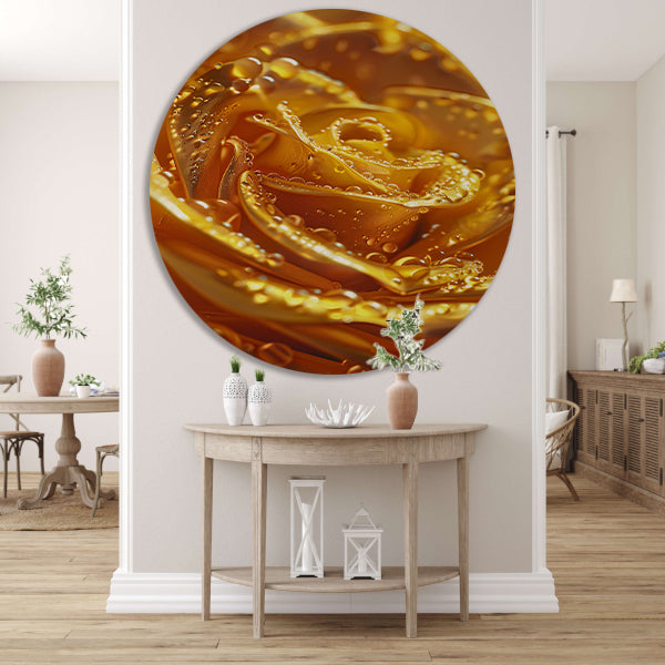 Gouden roos met glinsterende waterdruppels close-up aluminium muurcirkel