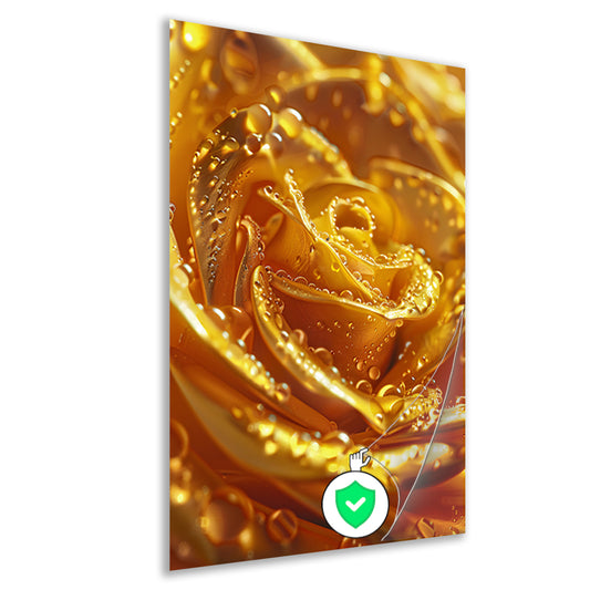 Gouden roos met glinsterende waterdruppels close-up poster